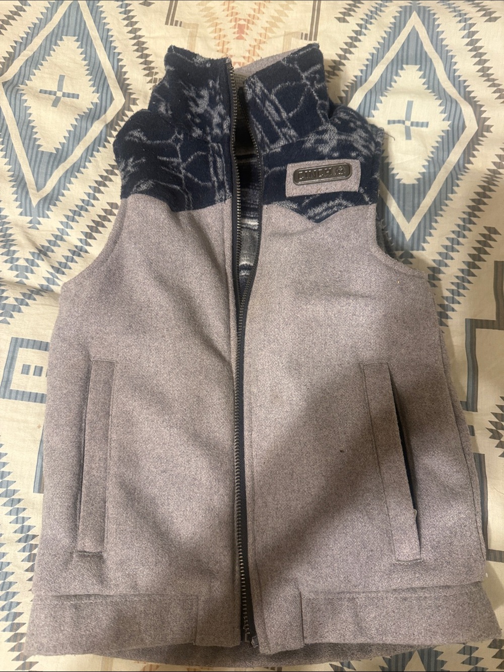 Kids Grey Fleece Vest with Navy Patterned Collar